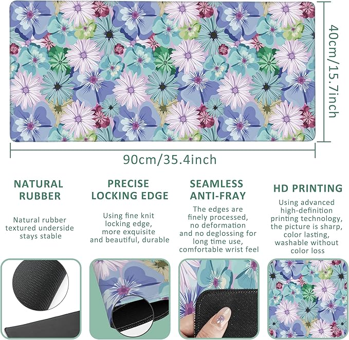 Extended Gaming Mouse Pad Colorful Vintage Tropical Flower Large Mousepad with Stitched Edges,Anti-Slip Rubber Base Keyboard Mouse Mat Desk Pad for Gaming Home Office 35.4 x 15.7 inches