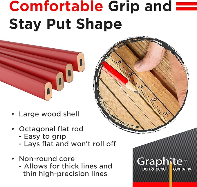 GRAPHITE Hard Lead Carpenter Pencils Bulk - (1) Pack of 12 Pieces Lumber Wooden Pencil #2 (HB) - Red
