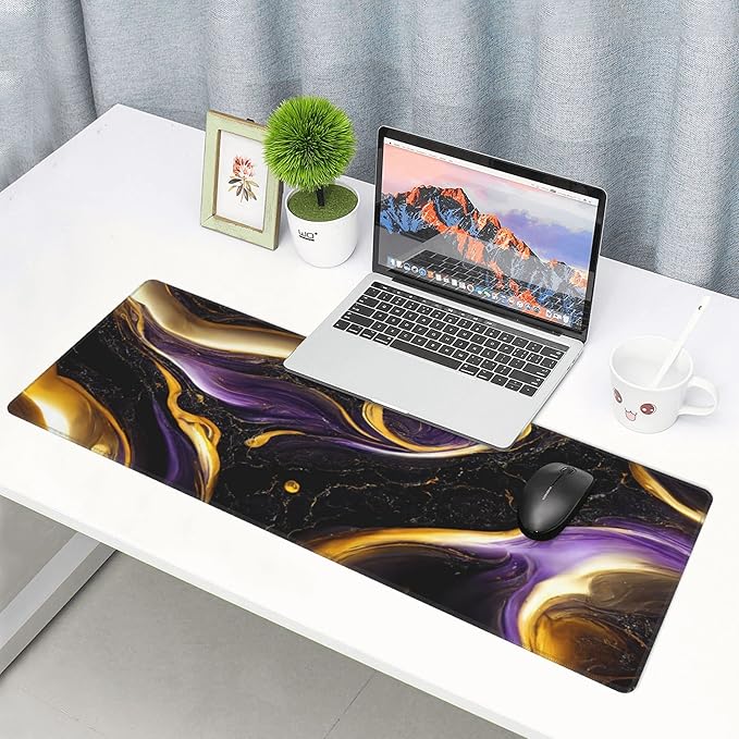 Black Marble Extended Big Mouse Pad Large,XL Gaming Mouse Pad Desk Pad,31.5x11.8inch Long Computer Keyboard Mouse Mat Mousepad with 3mm Non-Slip Base for Home Office Work-Purple and Gold Marble