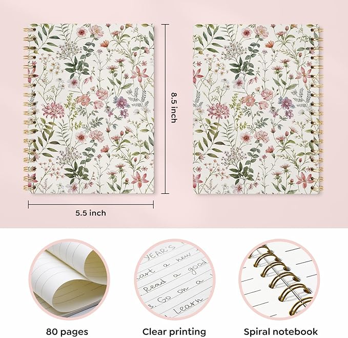 Floral Journal Notebooks, Girly Aesthetic College Ruled Notebooks for Note Taking, Cottagecore Botanical Floral Journal Journaling, Spiral Notebook 5.5x8.3