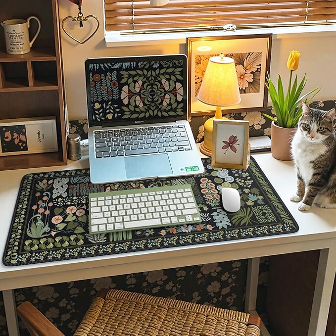 HAOCOO Black XXL Mouse Pad, Floral Desk Mat for Keyboard and Mouse, Vintage Keyboard Mat with Non-Slip Rubber Base, Water-Resistant Desk Pad Mat with Stitched Edges for Office