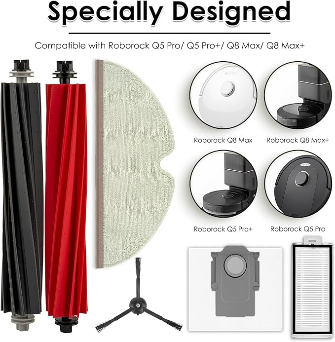 (20 Pack) Q5 Pro+ Q5 Pro Plus Accessories Replacement Parts for Roborock Q5 Pro Plus, Q5 Pro+, Q8 Max, Q8 Max+ Robot Vacuum, 4 Roller Brushes, 4 HEPA Filters, 4 Side Brushes, 4 Dust bags, 4 Mop Pads