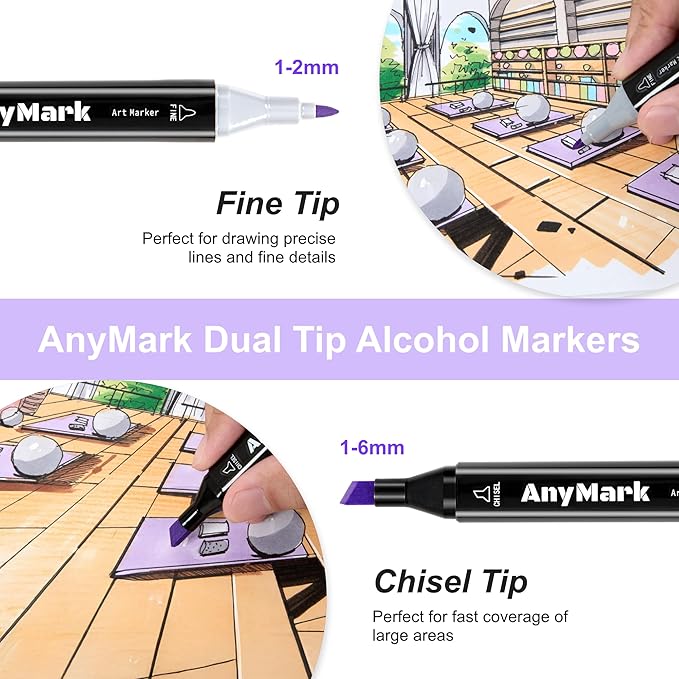 AnyMark Alcohol Markers, 120 Colors Dual Tip Art Coloring Markers Set for Kids Adult Book Drawing Sketching Painting, Chisel & Fine, Black Penholder