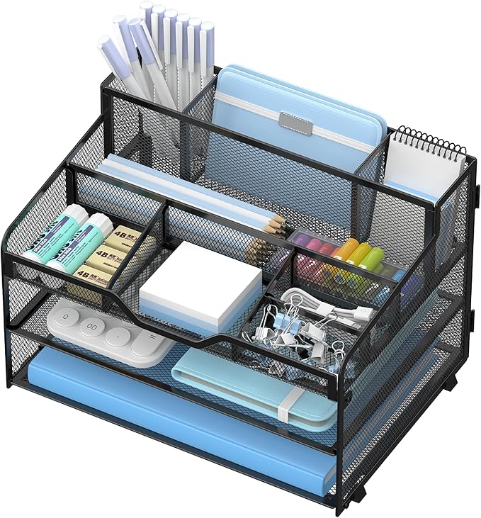 3 Tier Mesh Desk Organizer,Multi Functional Letter Paper Tray with 3 Pen Holders and 5 Adjustable Storage Compartments for Office Supplies Files and Mail Space Saving Desktop Organizer-Black