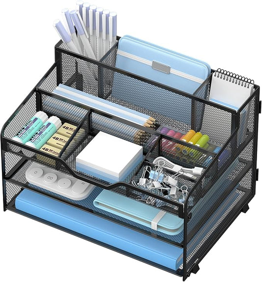 3 Tier Mesh Desk Organizer,Multi Functional Letter Paper Tray with 3 Pen Holders and 5 Adjustable Storage Compartments for Office Supplies Files and Mail Space Saving Desktop Organizer-Black