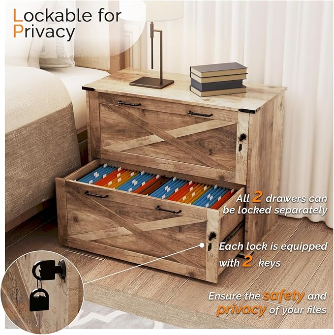 VINGLI 2 Drawer File Cabinet with Lock, Home Office Filing Organizer, for Letter Legal A4 Size File Folder Storage, Modern Farmhouse, Wood Lateral Filing Cabinet, Archivador (Rustic Gray)
