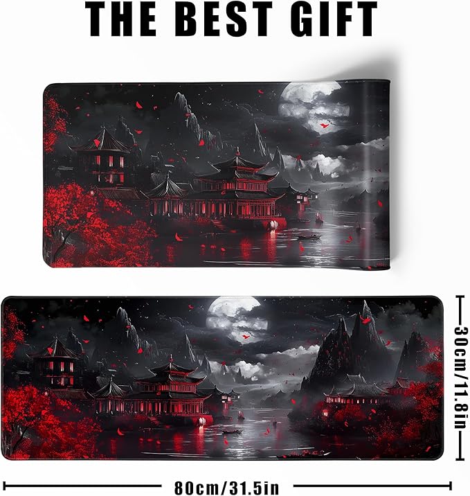 Japanese Riverside Full Moon Desk Mat Large Mouse Pad Gaming Mousepad Extended XL Keyboard Mat Computer Laptop Mouse Desktop Mat 31.5 X 11.8 Desk Decor