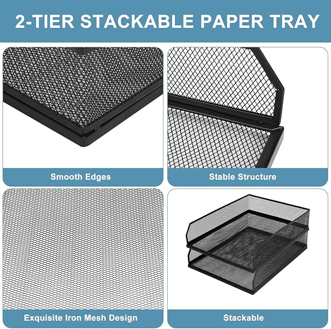 Stackable Paper Tray Organizer for Desk,Metal Mesh Wire Letter Tray, Letter Trays Organizers, Front-Load Paper Holder Storage for Office, School, Home,2 Pcs