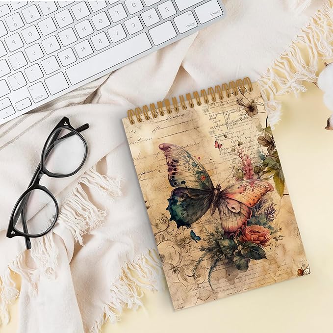 Vintage Butterfly Top Spiral Notebook, Butterfly Journal, Butterfly Notebook, Butterfly Notebooks for School, Butterfly Floral Office Supplies Gifts for Women Girls Coworkers, 5.5x8.3In