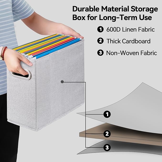 4 Packs Letter Size File Organizer, File Folders Organizer, Fabric Storage Box, Collapsible Paper Organizer with Metal Handle, Smooth PVC Rails, Only Box (Light Gray)