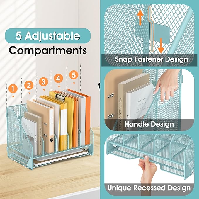 Desk File Folder Holder Organizer-5 Vertical Compartments Racks and Paper Letter Tray,Mesh Magazine File Holder Sorter,Desktop Accessories & Workspace Organizers for Home,Office,School-Blue