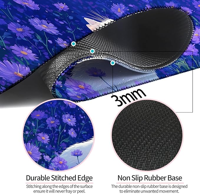 Cute White Cat and Purple Daisy Gaming Desk Mat, Computer Keyboard Large Extended Long Flower Mouse Pad for Office and Home, XL (W25)