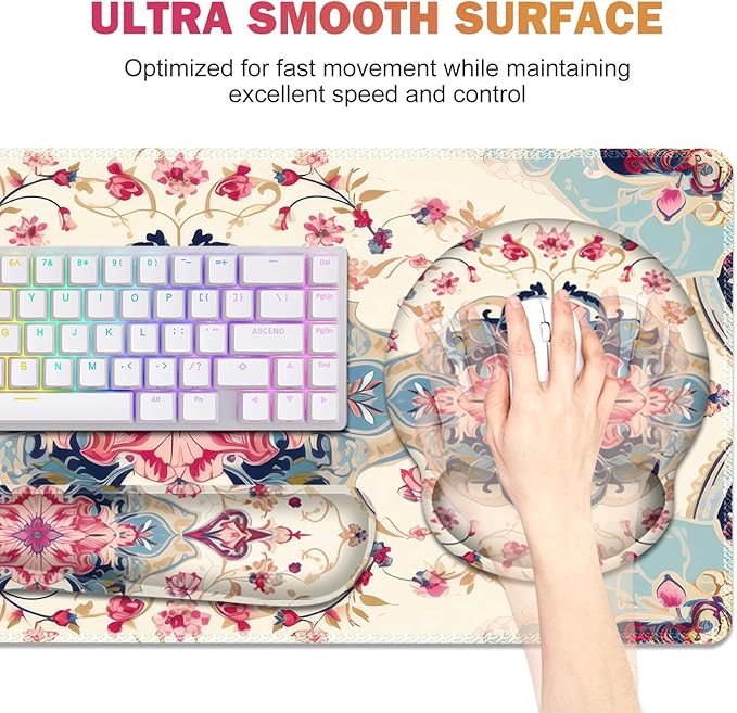Gaming Mouse Pad, Large Desk Mat, Cute Desk Pad Protector, 4in1 XXL Mousepad + Keyboard Wrist Rest+Mouse Wrist Rest+Coaster Set with Ergonomic Desk Pad for Home Office Computer, Retro Style Pattern
