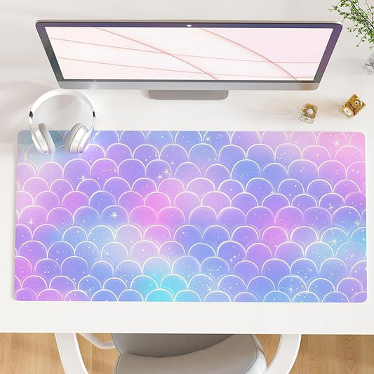 QIYI Multifunctional Office Desk Pad, Water-Resistant PU Leather Mouse Pad, Home Décor Large Desk Organizer Mat, Non Slip Base Writing Pads for Home & Office 31.5" x 15.7" - Mermaid Scales