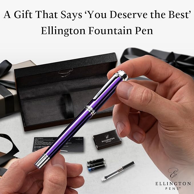 Ellington Pens Luxury Fountain Pen Set - Smooth Fine Nib - Includes 3 Ink Cartridges, Refillable Ink Converter, Gift Box - Fountain Pens For Writing, Calligraphy, Journaling, Sketching (Purple Haze)