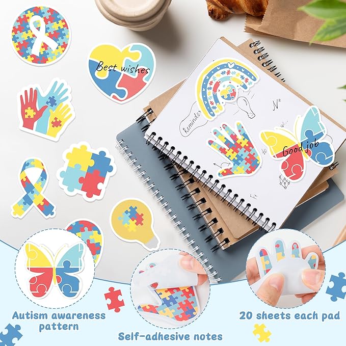CJiangpo 30Pcs Autism Awareness Sticky Notes Pads, 600 Sheets Colorful Puzzle Pieces Self Stick Notepad Memo Pads Autism Inspirational Page Marker Gift for Women Men Kids Classroom Prizes Party Filler