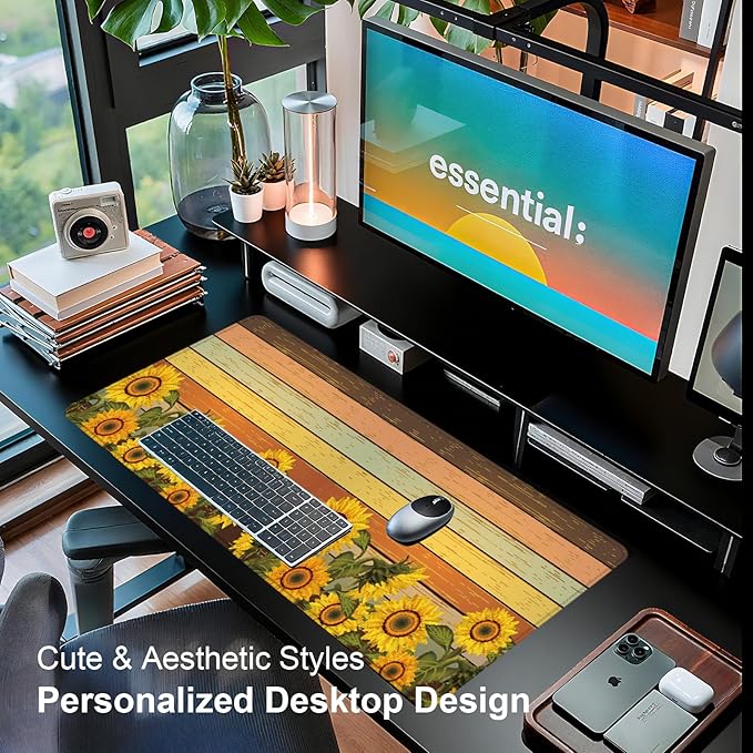 Large Desk Mat, Desk Matt for Desktop, Computer Gaming Mouse Pads, Anti-Slip Rubber Base, Stitched Edges Soft Mat for Desktop Office Home 31.5 x 11.8 Inches (Vintage Sunflower)
