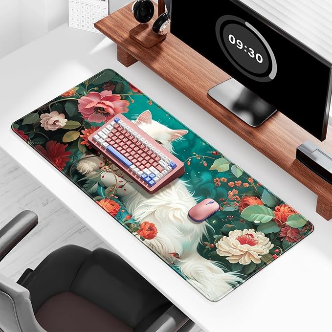 Auhoahsil Large Gaming Mouse Pad, Flower & Cat XXL 35.4 x 15.7 in Desk Pad Stitched Non-Slip Rubber Long Computer Mousepad Thin Extended Full Size Desk Mat for Desktop, Laptop, Wireless Mice