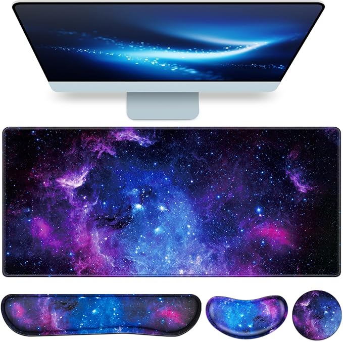 Mouse Pad with Wrist Rest,QOMOLAMA 4-in-1 Large Mousepad+Keyboard Wrist Rest+Mouse Pad Wrist Support+Cup Pad Set,Ergonomic Mouse Pad,Anti-Slip,Memory Foam Desk Mat for Home Office Gaming(35.4×15.7in)