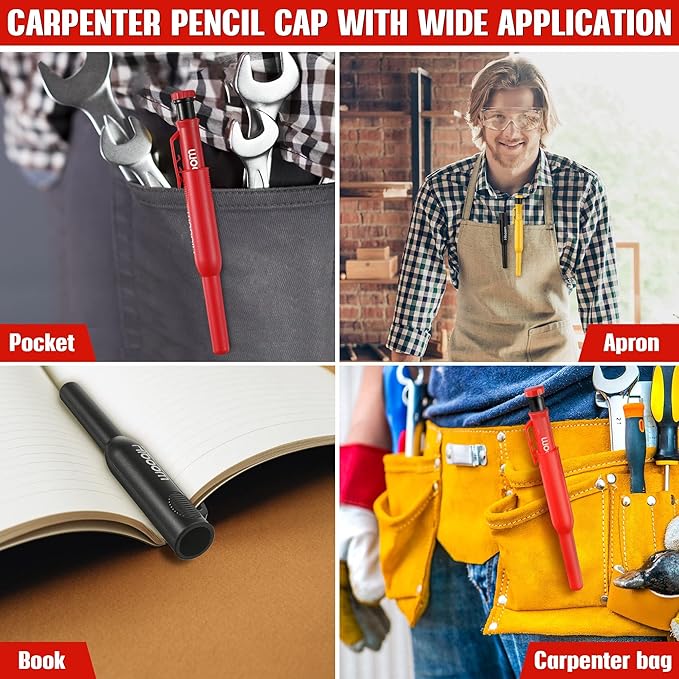 Hiboom 3 Pack Solid Carpenter Pencils with Pencil Cap and 21 Pcs Refills, Deep Hole Mechanical Pencil Marker with Built in Sharpener for Carpenter Woodworking Architect