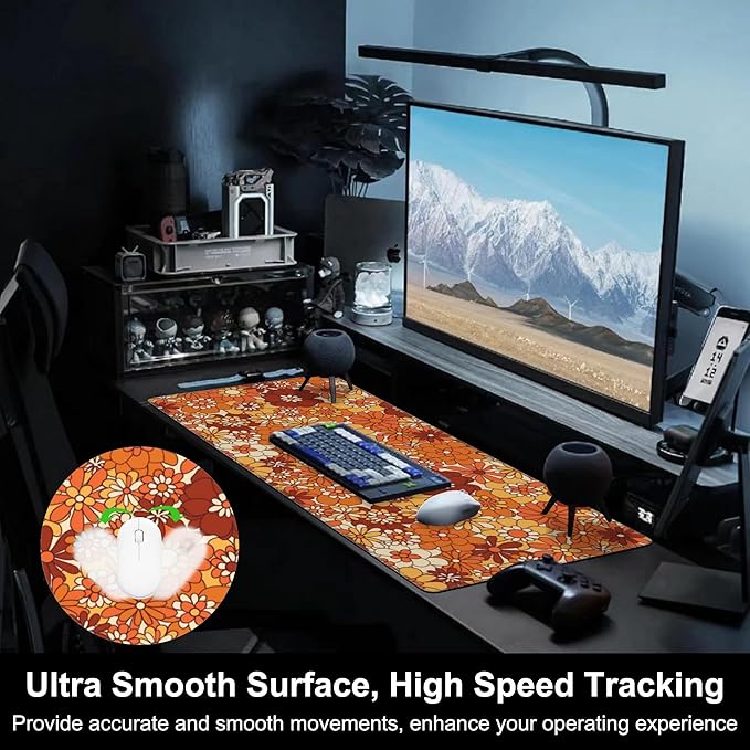 Mouse Pad, Large Retro Boho Hippie Flower Desk Mat, Extended Non-Slip Gaming Keyboard Mousepad Desk Pad, Thick Stitched Edges Waterproof Mouse Mat 31.5"x15.7" (Vintage Groovy Floral)