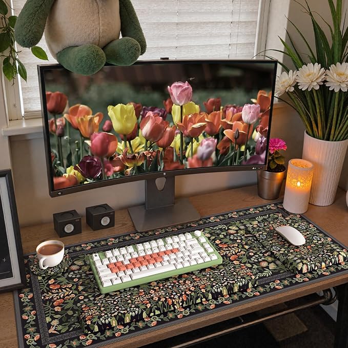 iCasso Mouse Pad with Wrist Rest,Large Desk Mat Set,Ergonomic Keyboard Pad with Wrist Support,Non-Slip Mouse Mat for Women,Cute Floral Computer Mat for Home Office Gaming (Black)