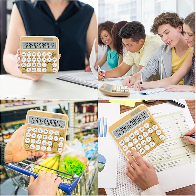 White Calculator, UPIHO Beige Standard Calculator 12 Digit with Large LCD Display and Big Buttons, White Gold Office Accessories for Women Desk, Supplies for Office, School, Home, Business