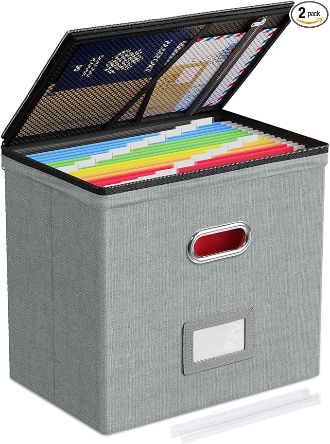 Oterri 1 Pack File Organizer Boxes with Lids, File Box with Mesh Pockets, Document Organizer Box for File Folders Letter Size, Zippers Filing Box for Home, Office, School (Grey, Without Folders)