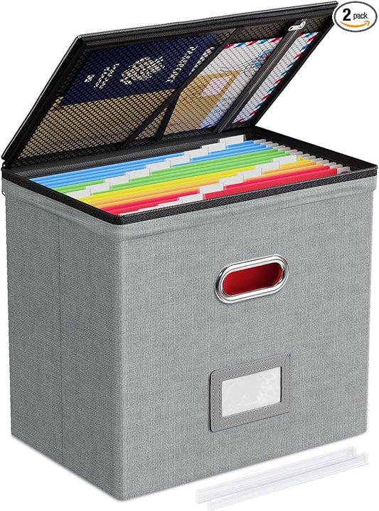 Oterri 1 Pack File Organizer Boxes with Lids, File Box with Mesh Pockets, Document Organizer Box for File Folders Letter Size, Zippers Filing Box for Home, Office, School (Grey, Without Folders)