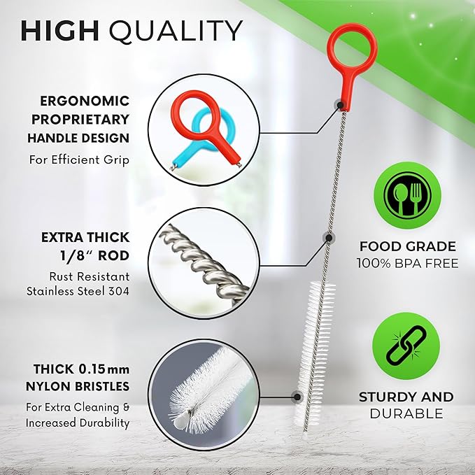 Buenalife Heavy Duty Cleaning Brushes Set of 8 - Extra Long Straw Cleaners for Metal and Plastic Reusable Drinking Straws, to Clean Small Spaces, Sippy Cups, Water Bottles - Sturdy Hard Brush Bristles