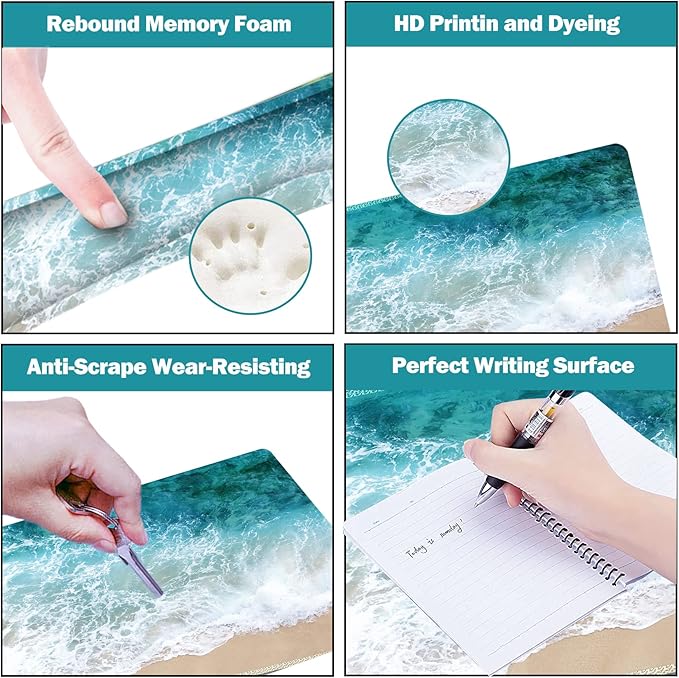 ARTSO Extended Gaming Mouse Pad Set, Keyboard Wrist Rest Support Pad + Wrist Cushion + XXL Large Mouse Pad + Coaster, Stitched Edge, Non-Slip, Memory Foam Desk Mat, Beach Waves