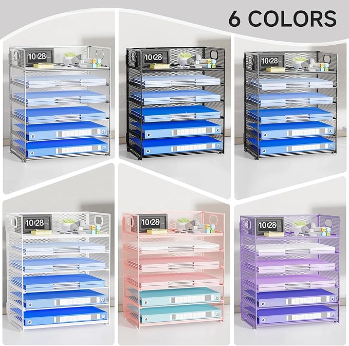 6 Tier Paper Organizer for Desk File Organizer with Handle Mesh Paper Letter Tray Organization for Desktop Document Holder for Office, Home & School-Silver