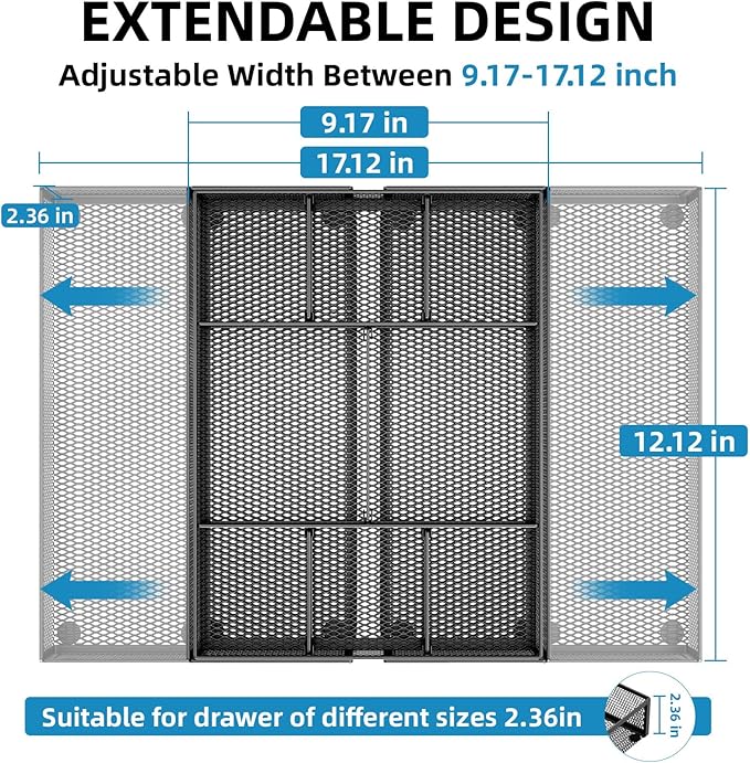 Marbrasse Expandable Desk Drawer Organizer, Mesh Drawer Organizer Tray with 10 Adjustable Compartments, Desk Organizers and Accessories, 5 Dividers Drawer for Office Supplies, Makeup & Vanity (Black)