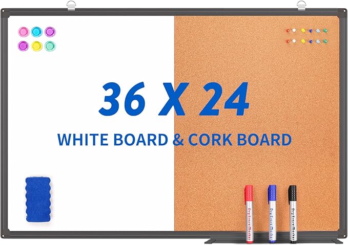 Magnetic White Board and Cork Board Combo, 36 x 24 inches Whiteboard Bulletin Combination Board, Wall Mounted Dry Erase Message Board for Home, School and Office