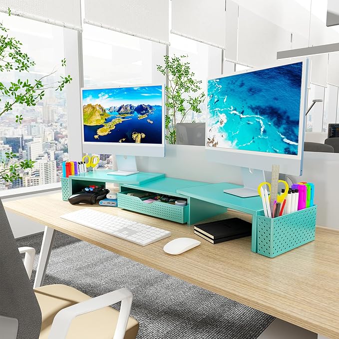 Spacrea Metal Desk Organizers and Accessories, Dual Monitor Stand Riser with Drawer and 2 Pen Holders, Desk Accessories & Workspace Desktop Organizers for Office Supplies (Blue)