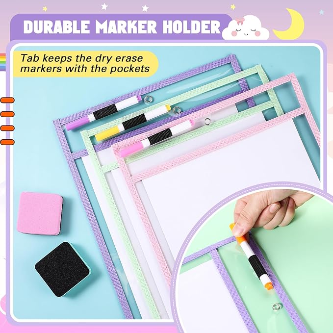 24 Pack Dry Erase Pocket Reusable Sleeves 10" x 14" Clear Plastic Sheet Protectors with Dry Erase Markers and Mini Sleeves Paper Teacher Supplies(Pastel)
