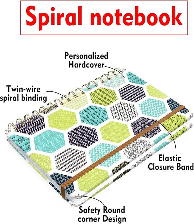 WLPFSAHF Spiral Journal Notebook for Women, Hardcover A5 College Ruled Notebook, 120 Pages, Thick Paper, Cute Lined Journal for School, Office & Work, 6 x 8.4 in(Green Geometric)