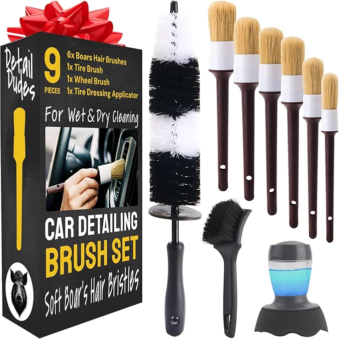 Detail Dudes Boar Hair Detailing Brush Set - 9-Pack - Includes Wheel, Tire Brush & Tire Dressing Applicator - Soft Boar Hair Bristles - Scratch-Free Car Wash - Crevice Tools for Vents & Emblems