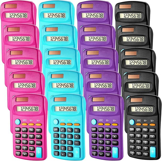 20 Packs Pocket Size Mini Basic Calculators for Students 8 Digit Display Solar Battery Dual Power Small Calculators for Desktop Home Office School Students Kids, 4 Colors