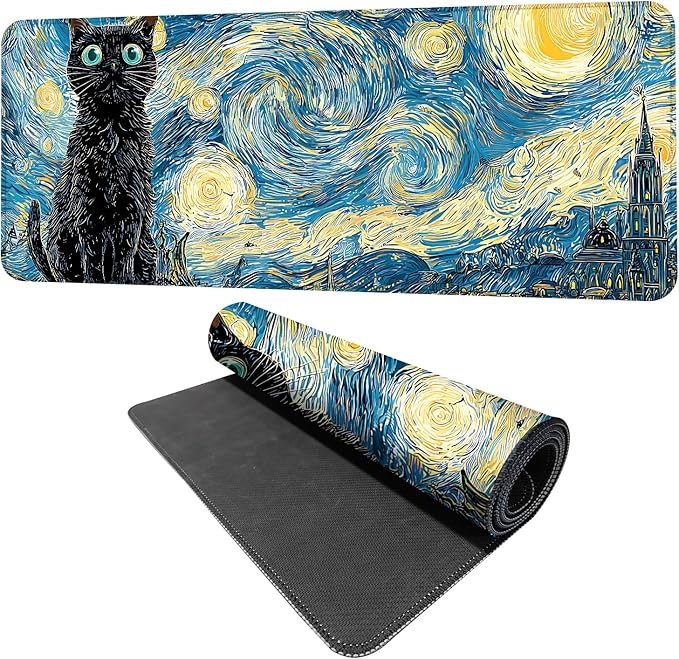 Vincent Van Gogh Starry Night Black Cat Mouse Pad – Large 31.5" x 11.8" Extended Desk Mat with Artistic Swirling Starry Sky Design, Non-Slip Rubber Base, Smooth Surface for Gaming & Office