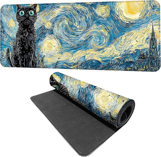 Vincent Van Gogh Starry Night Black Cat Mouse Pad – Large 31.5" x 11.8" Extended Desk Mat with Artistic Swirling Starry Sky Design, Non-Slip Rubber Base, Smooth Surface for Gaming & Office