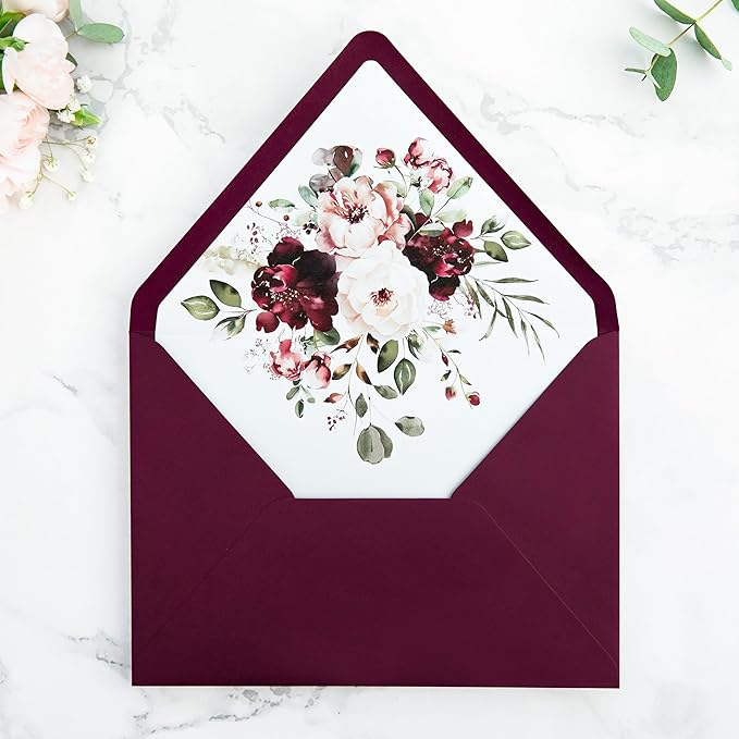 PONATIA 50PCS A7 Euro Flap Envelopes, 5.25 x 7.25'' Burgundy Flowers Liner Envelope for 5x7'' Wedding Invitation Cards, Christmas Gift Cards, Acrylic Invitations, Photos