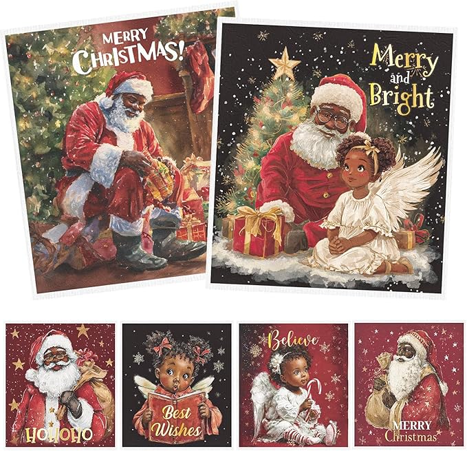 Christmas Swedish Dishcloths for Kitchen, 6PCS Black Girl and Santa Swedish Dish Cloths Gift Set, Reusable Washable Absorbent Dish Towel for Xmas Home Cleaning(7.8 X 7 Inches)