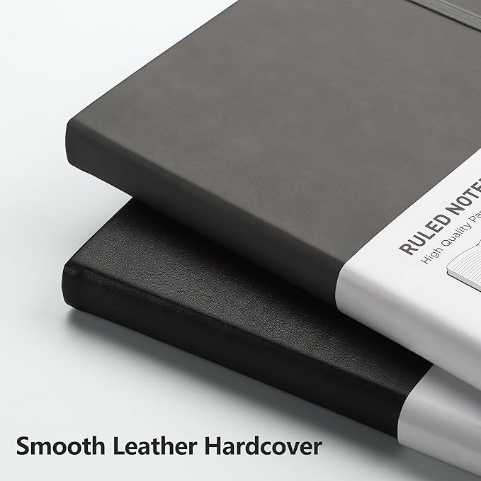 RETTACY Lined Journal Notebook, 192 Numbered Pages, A5 Medium Size (5.7'' x 8.3''), for Men & Women, Journaling, Writing, Work & Office, Leather Hardcover, 100 GSM Thick Paper (Gray)