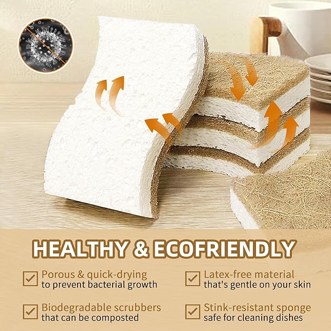 Biodegradable Natural Kitchen Sponge, Compostable Cellulose and Coconut Scrubber Eco-Friendly Dishwashing Sponge, 12 Pack Household Cleaning Foam for Dishes