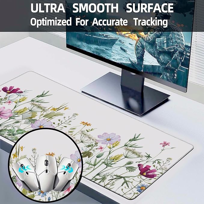 Desk Mat, Vintage Watercolor Flowers Extended Large Gaming Mouse Pad for Desk XXL, Non-Slip Rubber Base Stitched Edges Long Computer Keyboard Desk Pad Mouse Mat for Home Office Gaming 35.4"X15.7"
