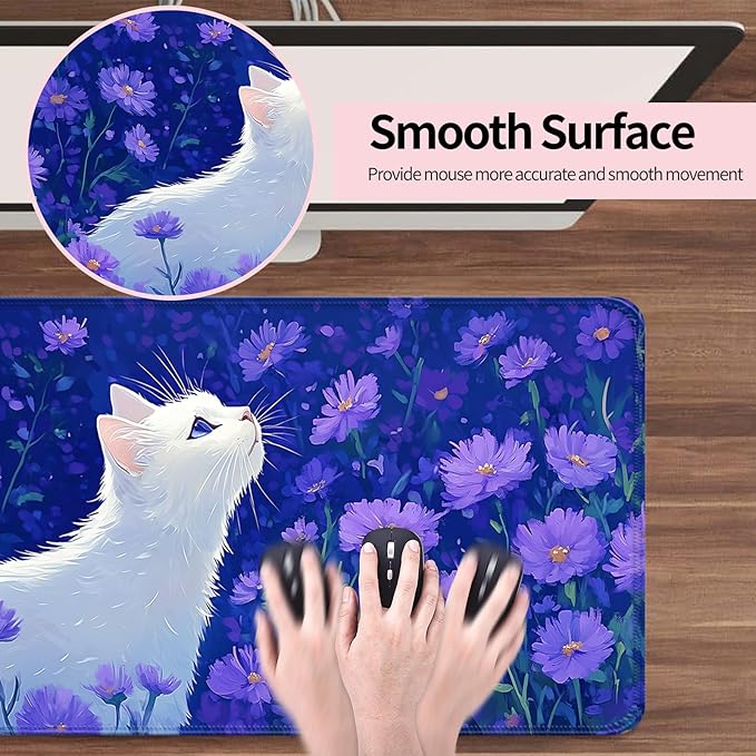 Cute White Cat and Purple Daisy Gaming Desk Mat, Computer Keyboard Large Extended Long Flower Mouse Pad for Office and Home, XL (W25)