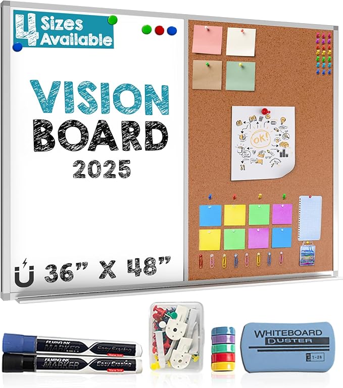 White Board and Cork Board Combo (36x48) Vision Board for 2025 - Half Bulletin Corkboard with Dry Erase Whiteboard Combination for Office or Home, Memo Board