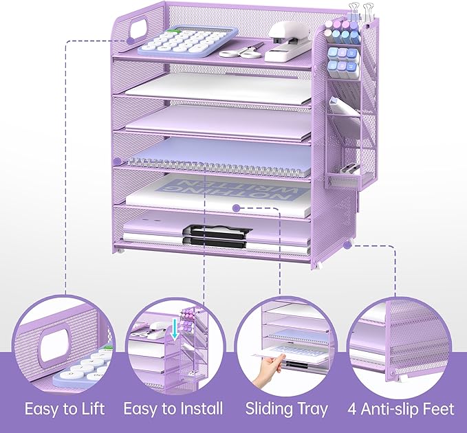 SUPEASY 6 Tier Paper Organizer with 4 Pen Holders, Mesh Letter Tray with Handle, A4 File Organizer, Purple