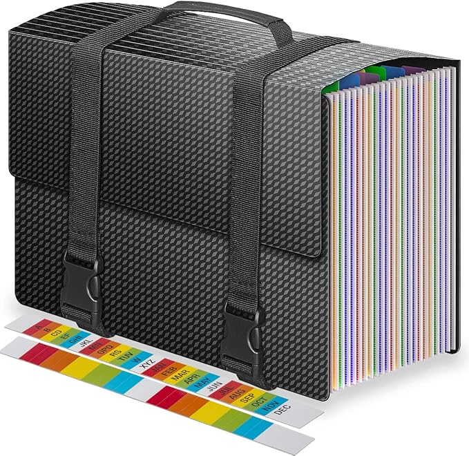 Expanding File Folders,25 Pockets Accordion File Organizer,Expandable Filing Folder with Handle,Portable File Box for Receipt,Bill,Paper,A4/Letter Size,2 Adjustable Straps,Diamond